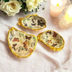 Handmade Decoupage Oyster Shell Trinket Dish Butterflies Pearls
